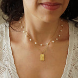 Gold Rectangle Pendant with Flower Necklace