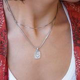 Rectangular Mexican Heart Pendant with Silver Sequin Crossed Chain