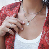 Rectangular Mexican Heart Pendant with Silver Sequin Crossed Chain