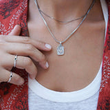 Rectangular Mexican Heart Pendant with Silver Sequin Crossed Chain