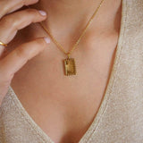 Gold Rectangle Sun Rays/Moon Pendant Necklace