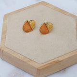 Gold Oval-Shaped Studs with Grey/Orange Enamel Earrings