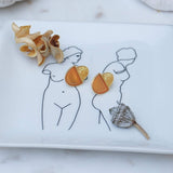 Gold Oval-Shaped Studs with Grey/Orange Enamel Earrings