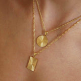 Gold Rectangular Round Sun Rays Pendant Necklace