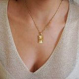Gold Rectangular Round Sun Rays Pendant Necklace