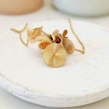 Gold Rectangular Round Sun Rays Pendant Necklace