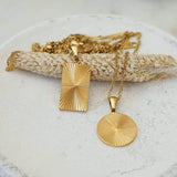 Gold Rectangular Round Sun Rays Pendant Necklace