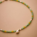 Green & Yellow Jade Beaded Necklace wt Freshwater Pearls