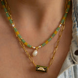 Green & Yellow Jade Beaded Necklace wt Freshwater Pearls