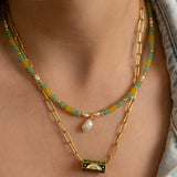 Green & Yellow Jade Beaded Necklace wt Freshwater Pearls