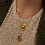 Gold Pendant Necklace wt Green Enamel Charm