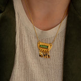 Gold Pendant Necklace wt Green Enamel Charm