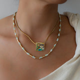Gold Enamel Square Pendant Necklace