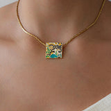 Gold Enamel Square Pendant Necklace