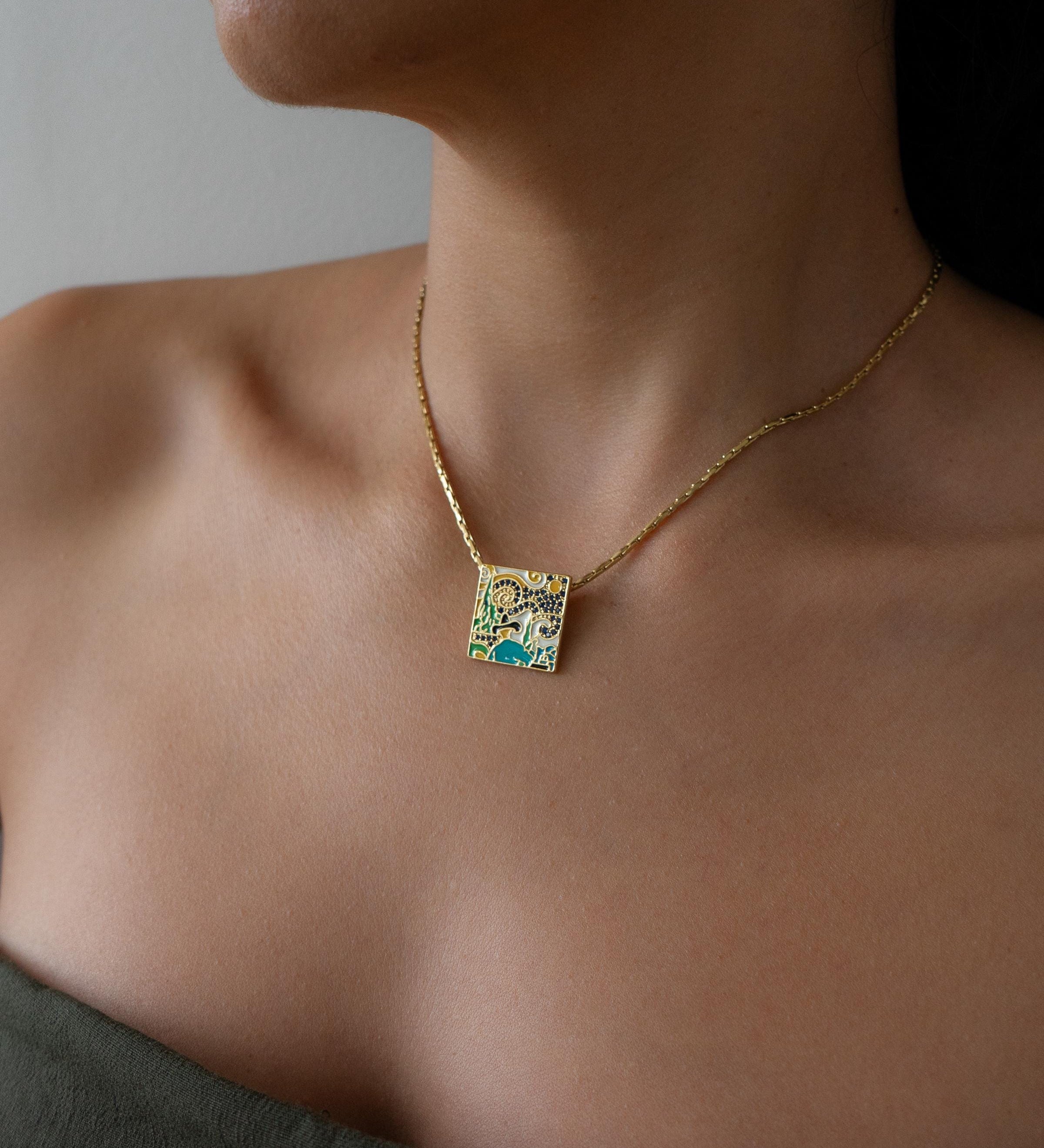 Gold Enamel Square Pendant Necklace