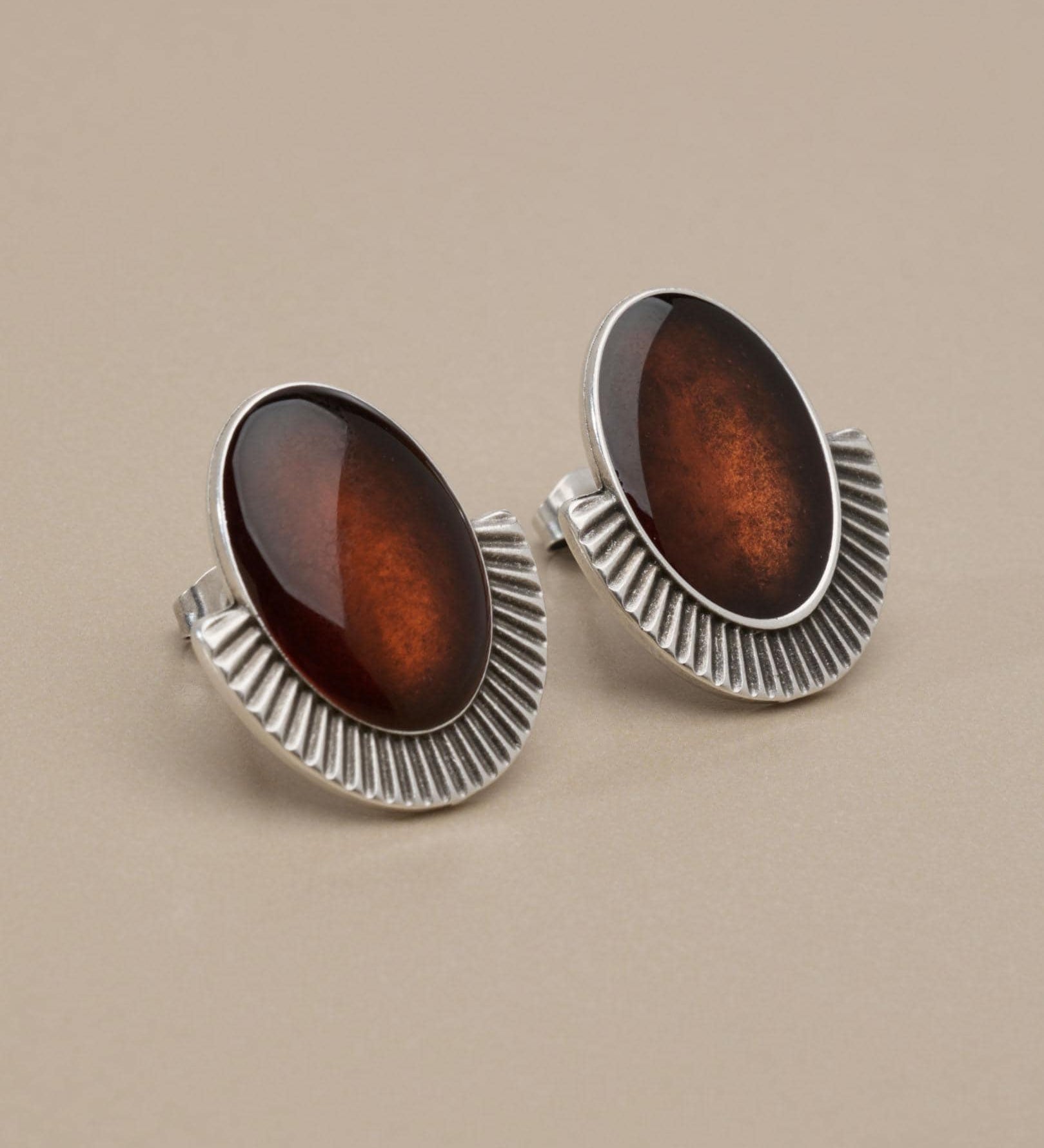 Silver Oval Enamel Stud Earrings