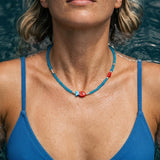 Blue Glass Beaded Fish Necklace With Red Glass Fish Charm