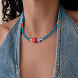 Blue Glass Beaded Fish Necklace With Red Glass Fish Charm