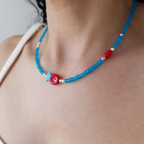 Blue Glass Beaded Fish Necklace With Red Glass Fish Charm