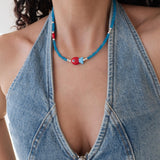 Blue Glass Beaded Fish Necklace With Red Glass Fish Charm