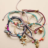 Colourful Summer Charm Bracelet, Adjustable Cord Bracelet, Turtle Fish Shell Beach Bracelet