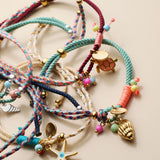 Colourful Summer Charm Bracelet, Adjustable Cord Bracelet, Turtle Fish Shell Beach Bracelet