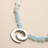 Blue Agate Shell Chip Necklace, Silver Spiral Pendant Beaded Necklace