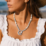 Blue Agate Shell Chip Necklace, Silver Spiral Pendant Beaded Necklace