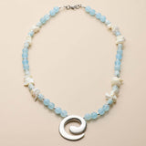 Blue Agate Shell Chip Necklace, Silver Spiral Pendant Beaded Necklace
