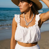 Blue Agate Shell Chip Necklace, Silver Spiral Pendant Beaded Necklace