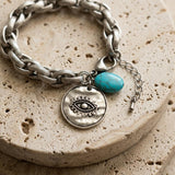 Silver Evil Eye Charm Bracelet, Turquoise Agate Bead, Chunky Stainless Steel Chain, Symbolic Jewelry