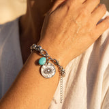 Silver Evil Eye Charm Bracelet, Turquoise Agate Bead, Chunky Stainless Steel Chain, Symbolic Jewelry