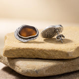 Silver Statement Earrings with Enamel, Organic Stud Earrings, Sculptural Earrings, Brown Black Enamel, Titanium Posts