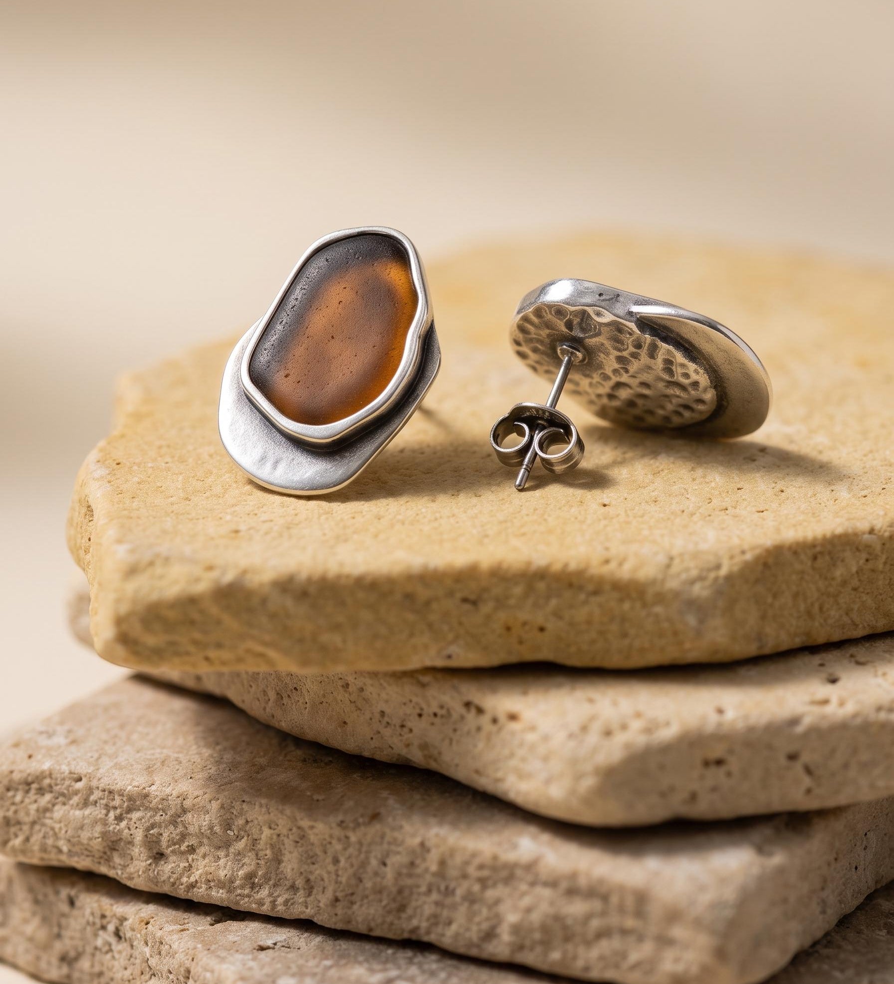 Silver Statement Earrings with Enamel, Organic Stud Earrings, Sculptural Earrings, Brown Black Enamel, Titanium Posts