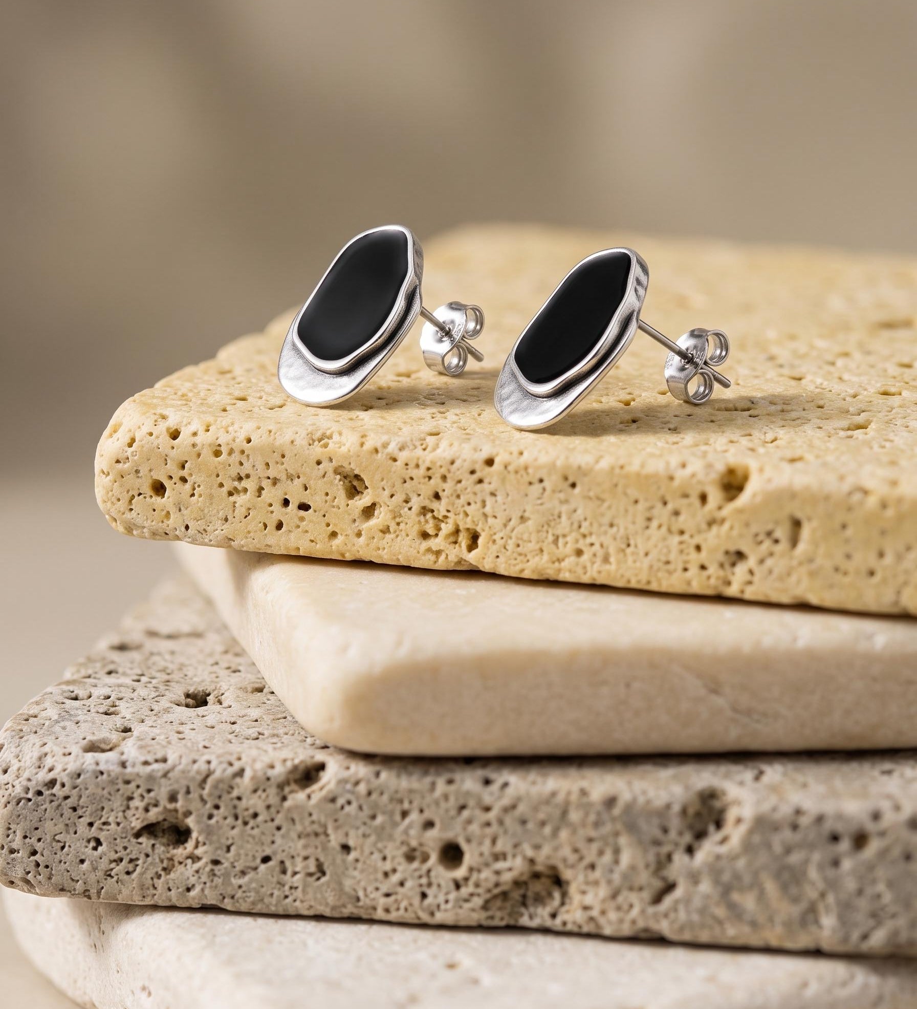 Silver Statement Earrings with Enamel, Organic Stud Earrings, Sculptural Earrings, Brown Black Enamel, Titanium Posts