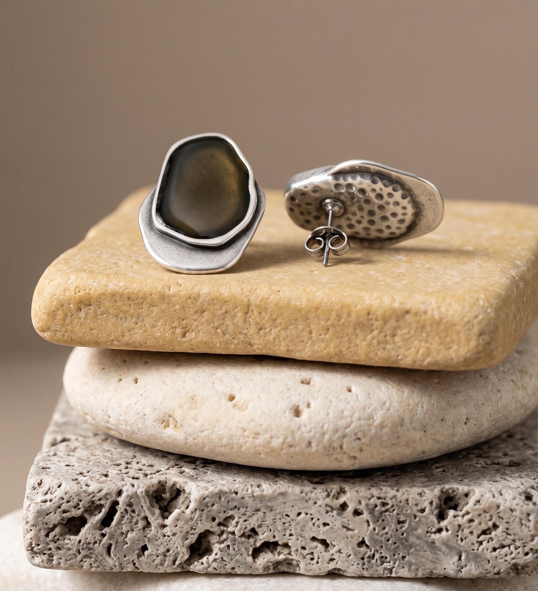 Silver Statement Earrings with Enamel, Organic Stud Earrings, Sculptural Earrings, Brown Black Enamel, Titanium Posts