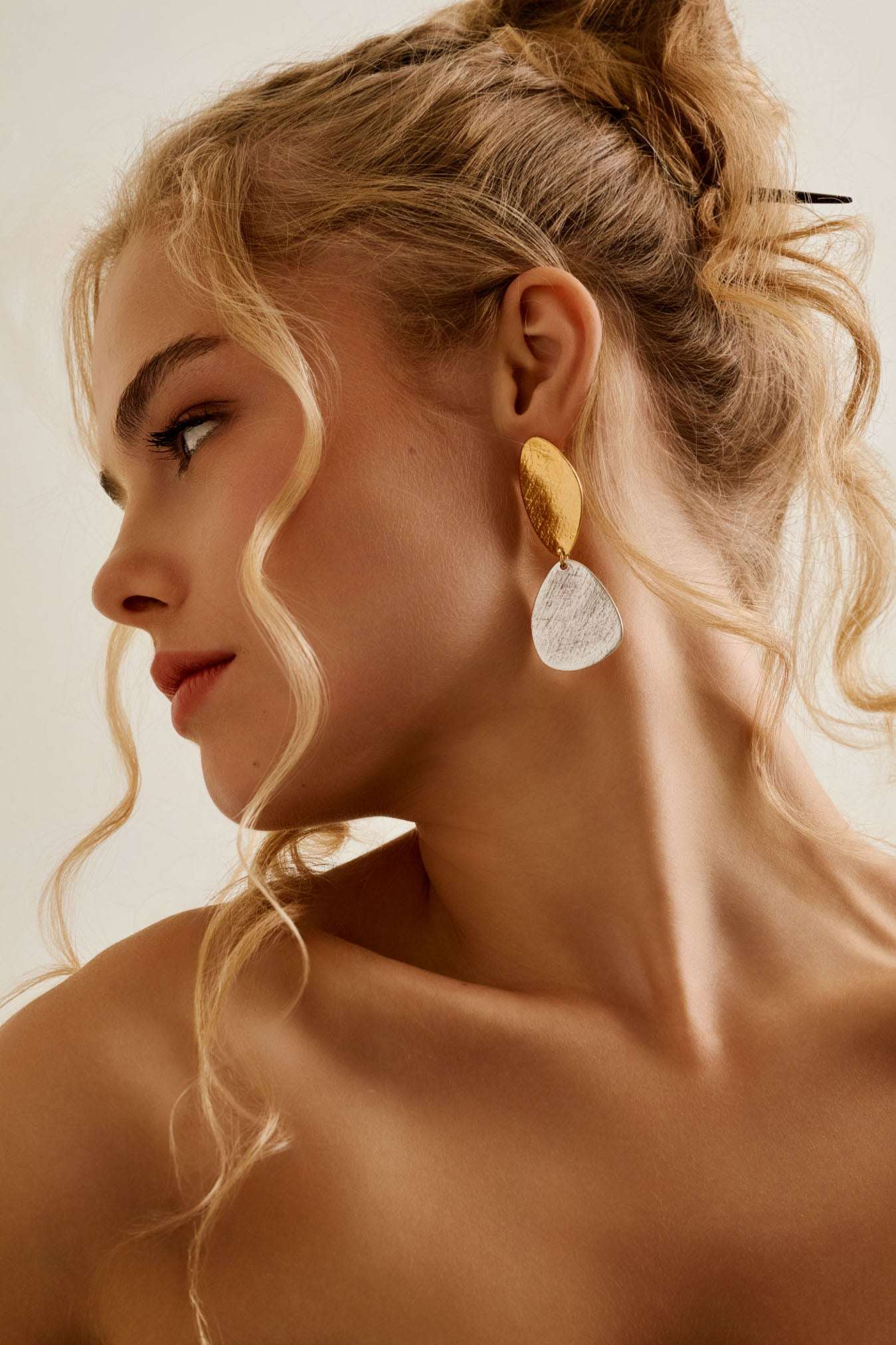 Long Mixed Metals Oval Hammered Earrings