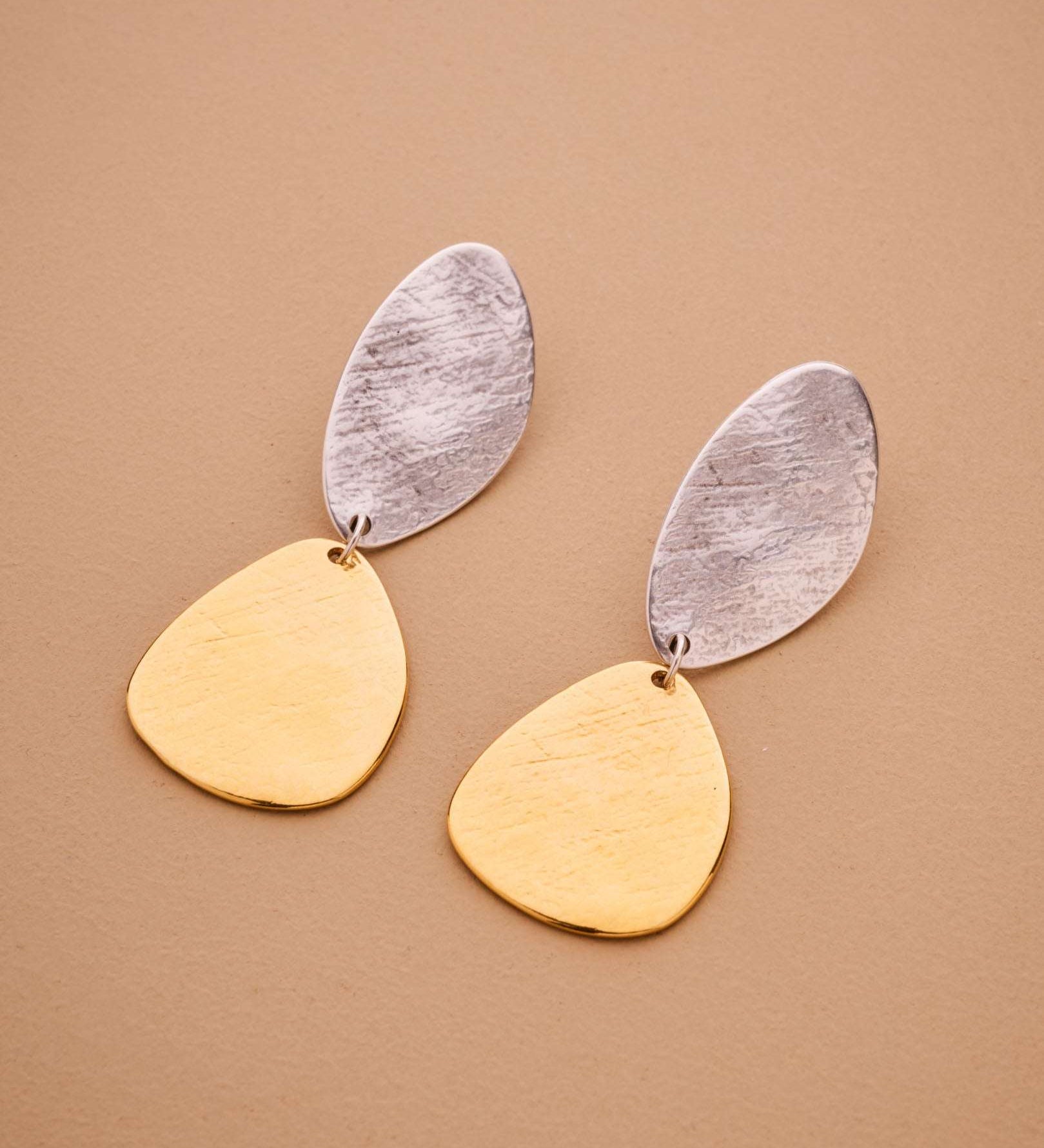 Long Mixed Metals Oval Hammered Earrings