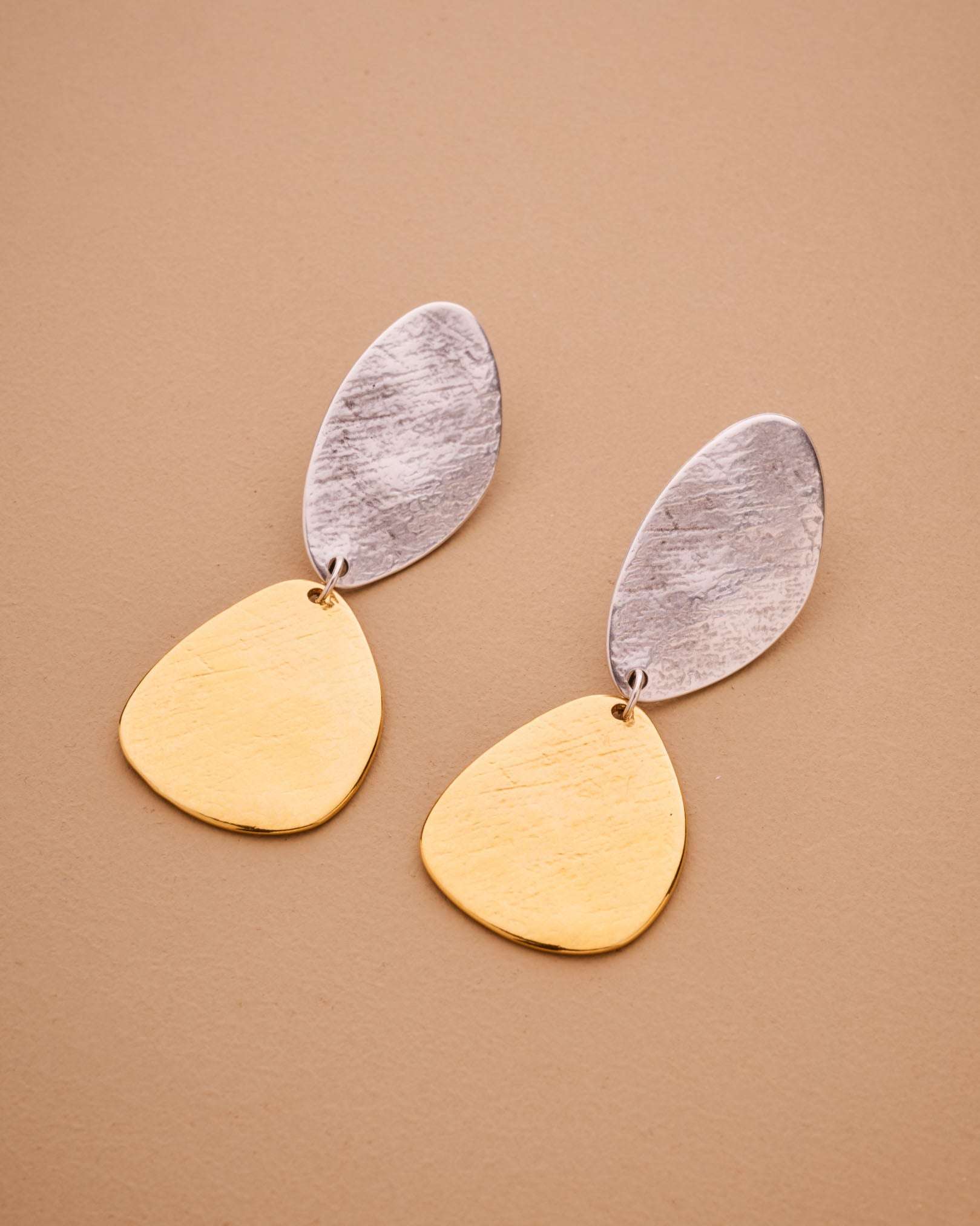 Long Mixed Metals Oval Hammered Earrings