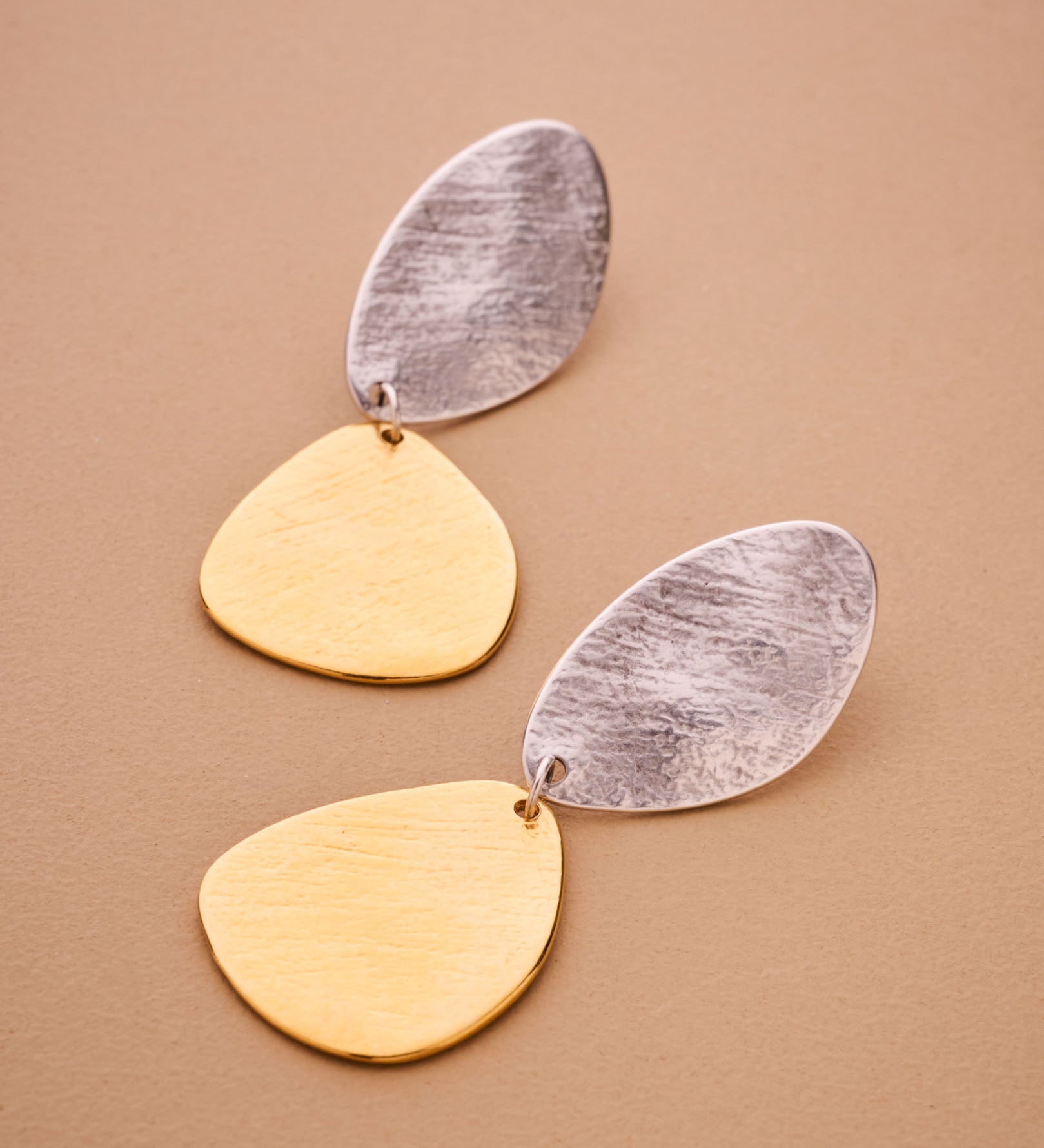 Long Mixed Metals Oval Hammered Earrings