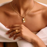 Gold Rectangular Round Sun Rays Pendant Necklace