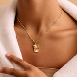 Gold Rectangular Round Sun Rays Pendant Necklace