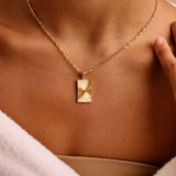 Gold Rectangular Round Sun Rays Pendant Necklace