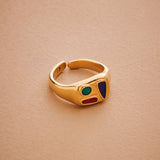 Gold Classic BlackMulticolour Enamel Shapes Rectangle Signet Ring