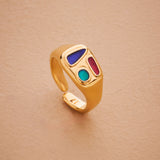 Gold Classic BlackMulticolour Enamel Shapes Rectangle Signet Ring