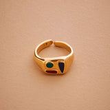 Gold Classic BlackMulticolour Enamel Shapes Rectangle Signet Ring