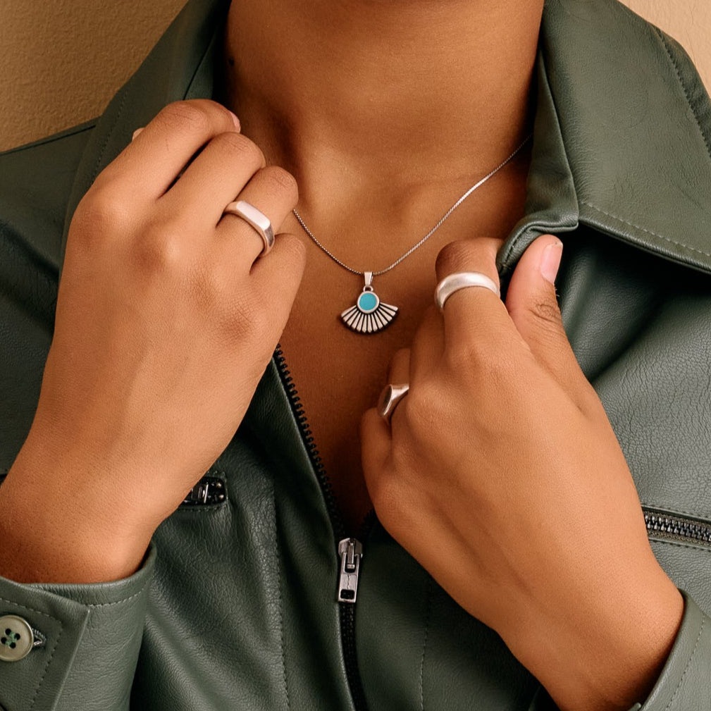 Silver Sun Necklace with Black/Turquoise Enamel